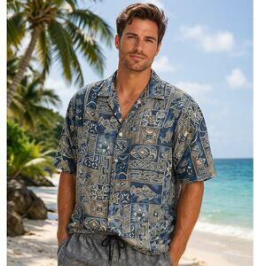 Lord Taylor Casual Classics Button Up Shirt Mens Large Blue Fish Tribal Tropical